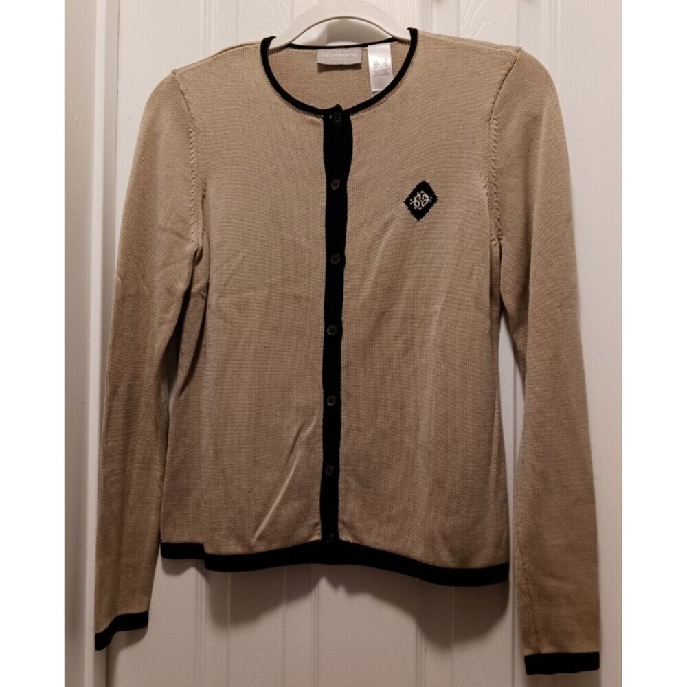 Liz Claiborne Women's Silk Crew Neck Long Sleeve Beige Black Cardigan Sweater S